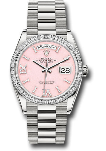 Rolex Platinum Day-Date 36 Watch - Diamond Bezel - Pink Opal Diamond Index Roman 9 Dial - President Bracelet - 128396tbr podidrp
