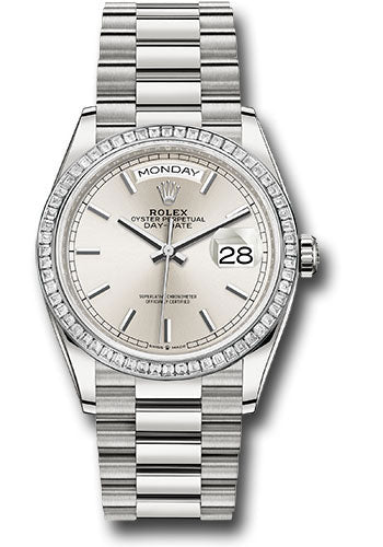 Rolex Platinum Day-Date 36 Watch - Diamond Bezel - Silver Index Dial - President Bracelet - 128396tbr sip