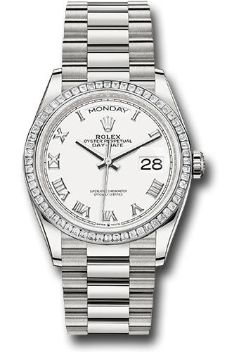 Rolex Platinum Day-Date 36 Watch - Diamond Bezel - White Roman Dial - President Bracelet - 128396tbr wrp