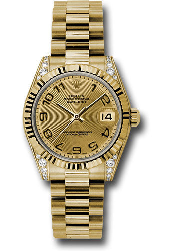 Rolex Yellow Gold Datejust 31 Watch - Fluted Bezel - Champagne Concentric Circle Arabic Dial - President Bracelet - 178238 chcap