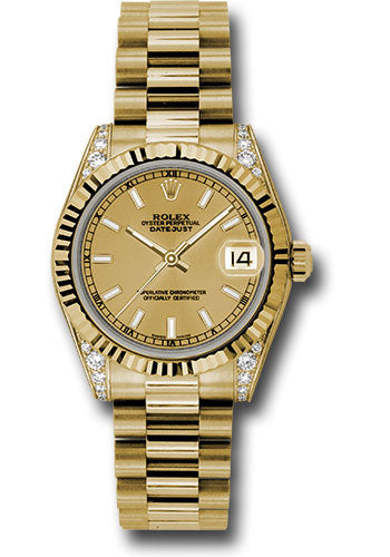 Rolex Yellow Gold Datejust 31 Watch - Fluted Bezel - Champagne Index Dial - President Bracelet - 178238 chip