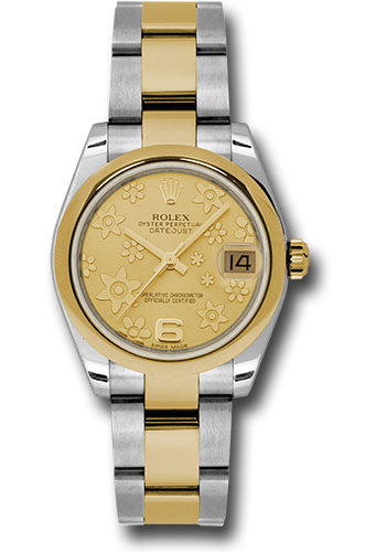 Rolex Steel and Yellow Gold Datejust 31 Watch - Domed Bezel - Champagne Floral Motif Dial - Oyster Bracelet - 178243 chfo