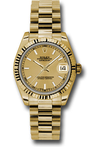 Rolex Yellow Gold Datejust 31 Watch - Fluted Bezel - Champagne Index Dial - President Bracelet - 178278 chip