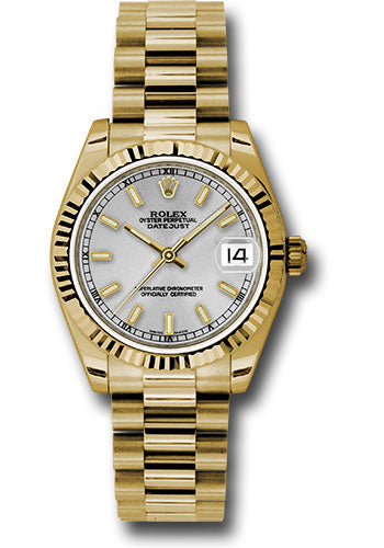 Rolex Yellow Gold Datejust 31 Watch - Fluted Bezel - Silver Diamond Roman Vi Index Dial - President Bracelet - 178278 sip