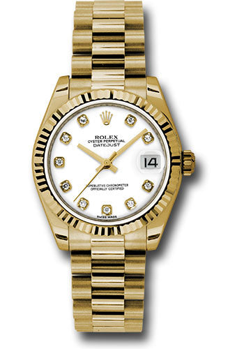 Rolex Yellow Gold Datejust 31 Watch - Fluted Bezel - White Diamond Dial - President Bracelet - 178278 wdp
