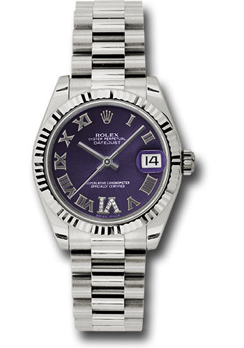 Rolex White Gold Datejust 31 Watch - Fluted Bezel - Purple Diamond Roman Vi Roman Dial - President Bracelet - 178279 pdrp