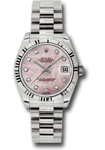 Rolex White Gold Datejust 31 Watch - Fluted Bezel - Pink Mother-Of-Pearl Diamond Dial - President Bracelet - 178279 pmdp