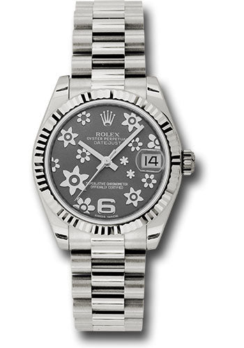 Rolex White Gold Datejust 31 Watch - Fluted Bezel - Dark Rhodium Floral Motif Dial - President Bracelet - 178279 rfp