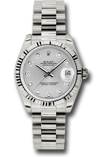 Rolex White Gold Datejust 31 Watch - Fluted Bezel - Silver Diamond Dial - President Bracelet - 178279 sdp