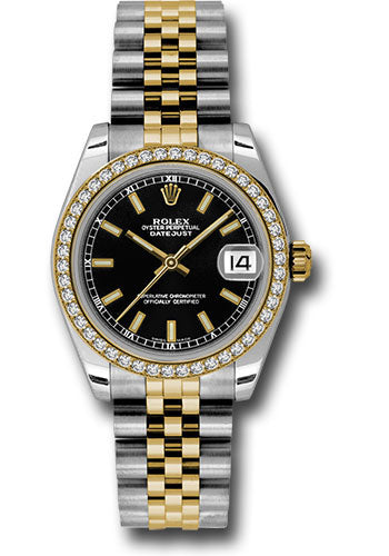 Rolex Steel and Yellow Gold Datejust 31 Watch - 46 Diamond Bezel - Black Index Dial - Jubilee Bracelet - 178383 bkij