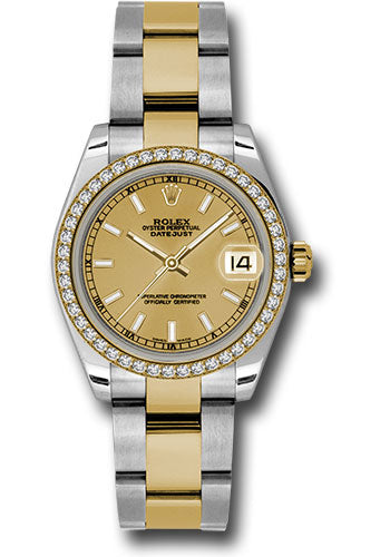Rolex Steel and Yellow Gold Datejust 31 Watch - 46 Diamond Bezel - Champagne Index Dial - Oyster Bracelet - 178383 chio