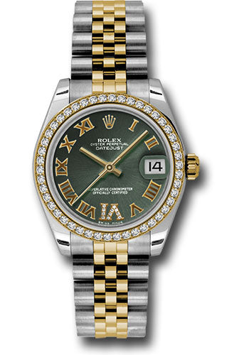 Rolex Steel and Yellow Gold Datejust 31 Watch - 46 Diamond Bezel - Olive Green Diamond Roman Vi Roman Dial - Jubilee Bracelet - 178383 ogdrj