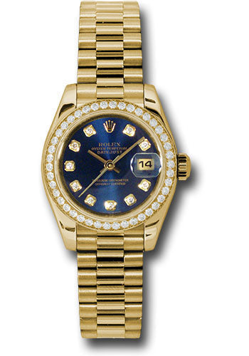 Rolex Yellow Gold Lady-Datejust 26 Watch - 42 Diamond Bezel - Blue Diamond Dial - President Bracelet - 179138 bldp