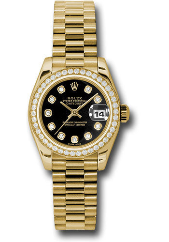Rolex Yellow Gold Lady-Datejust 26 Watch - 42 Diamond Bezel - Black Diamond Dial - President Bracelet - 179138 bkdp