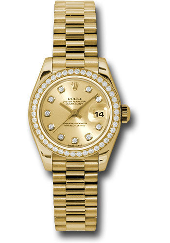 Rolex Yellow Gold Lady-Datejust 26 Watch - 42 Diamond Bezel - Champagne Diamond Dial - President Bracelet - 179138 chdp