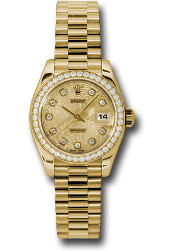 Rolex Yellow Gold Lady-Datejust 26 Watch - 42 Diamond Bezel - Champagne Jubilee Diamond Dial - President Bracelet - 179138 chjdp