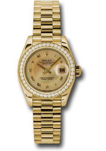 Rolex Yellow Gold Lady-Datejust 26 Watch - 42 Diamond Bezel - Champagne Decorated Mother-Of-Pearl Roman Dial - President Bracelet - 179138 chmdrp