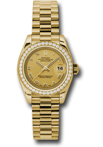 Rolex Yellow Gold Lady-Datejust 26 Watch - 42 Diamond Bezel - Champagne Roman Dial - President Bracelet - 179138 chrp