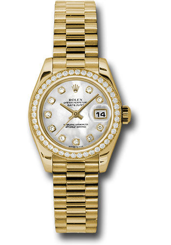 Rolex Yellow Gold Lady-Datejust 26 Watch - 42 Diamond Bezel - Mother-Of-Pearl Diamond Dial - President Bracelet - 179138 mdp