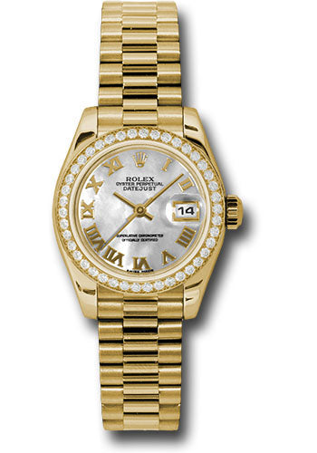 Rolex Yellow Gold Lady-Datejust 26 Watch - 42 Diamond Bezel - Mother-Of-Pearl Roman Dial - President Bracelet - 179138 mrp