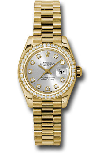 Rolex Yellow Gold Lady-Datejust 26 Watch - 42 Diamond Bezel - Silver Diamond Dial - President Bracelet - 179138 sdp