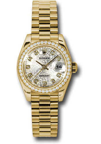 Rolex Yellow Gold Lady-Datejust 26 Watch - 42 Diamond Bezel - Silver Jubilee Diamond Dial - President Bracelet - 179138 sjdp