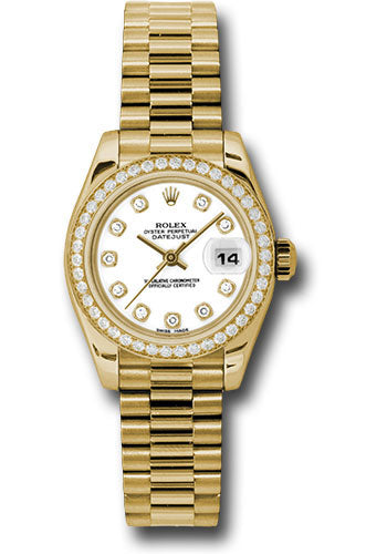 Rolex Yellow Gold Lady-Datejust 26 Watch - 42 Diamond Bezel - White Diamond Dial - President Bracelet - 179138 wdp