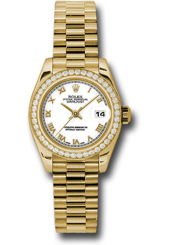 Rolex Yellow Gold Lady-Datejust 26 Watch - 42 Diamond Bezel - White Roman Dial - President Bracelet - 179138 wrp