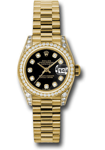 Rolex Yellow Gold Lady-Datejust 26 Watch - 42 Diamond Bezel - Black Diamond Dial - President Bracelet - 179158 bkdp
