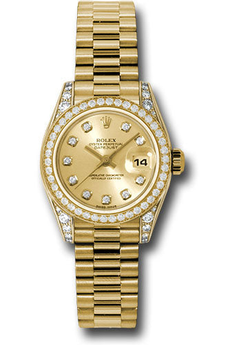 Rolex Yellow Gold Lady-Datejust 26 Watch - 42 Diamond Bezel - Champagne Diamond Dial - President Bracelet - 179158 chdp