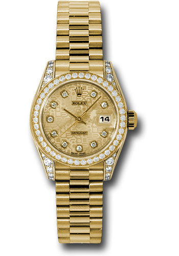 Rolex Yellow Gold Lady-Datejust 26 Watch - 42 Diamond Bezel - Champagne Jubilee Diamond Dial - President Bracelet - 179158 chjdp