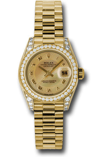 Rolex Yellow Gold Lady-Datejust 26 Watch - 42 Diamond Bezel - Champagne Decorated Mother-Of-Pearl Roman Dial - President Bracelet - 179158 chmdrp
