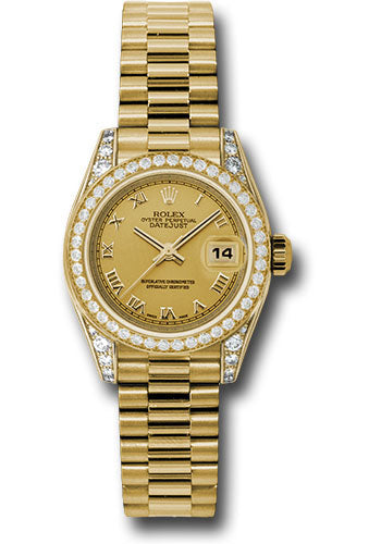 Rolex Yellow Gold Lady-Datejust 26 Watch - 42 Diamond Bezel - Champagne Roman Dial - President Bracelet - 179158 chrp