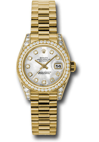 Rolex Yellow Gold Lady-Datejust 26 Watch - 42 Diamond Bezel - Mother-Of-Pearl Diamond Dial - President Bracelet - 179158 mdp