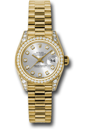 Rolex Yellow Gold Lady-Datejust 26 Watch - 42 Diamond Bezel - Silver Diamond Dial - President Bracelet - 179158 sdp