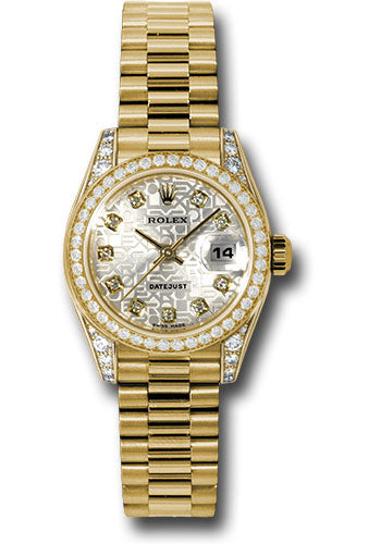 Rolex Yellow Gold Lady-Datejust 26 Watch - 42 Diamond Bezel - Silver Jubilee Diamond Dial - President Bracelet - 179158 sjdp