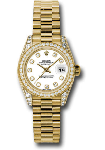 Rolex Yellow Gold Lady-Datejust 26 Watch - 42 Diamond Bezel - White Diamond Dial - President Bracelet - 179158 wdp