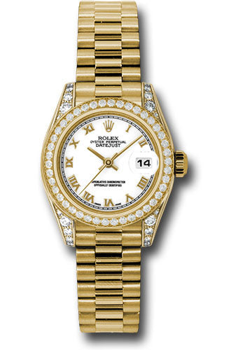 Rolex Yellow Gold Lady-Datejust 26 Watch - 42 Diamond Bezel - White Roman Dial - President Bracelet - 179158 wrp