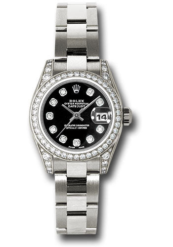 Rolex White Gold Lady-Datejust 26 Watch - 42 Diamond Bezel - Black Diamond Dial - Oyster Bracelet - 179159 bkdo