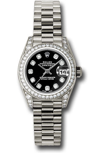 Rolex White Gold Lady-Datejust 26 Watch - 42 Diamond Bezel - Black Diamond Dial - President Bracelet - 179159 bkdp
