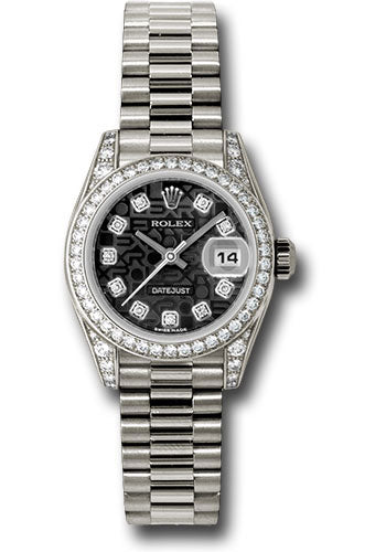 Rolex White Gold Lady-Datejust 26 Watch - 42 Diamond Bezel - Black Jubilee Diamond Dial - President Bracelet - 179159 bkjdp