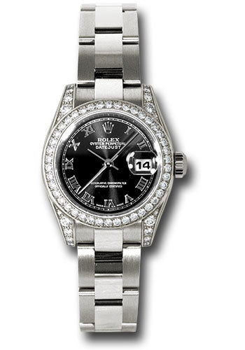 Rolex White Gold Lady-Datejust 26 Watch - 42 Diamond Bezel - Black Roman Dial - Oyster Bracelet - 179159 bkro