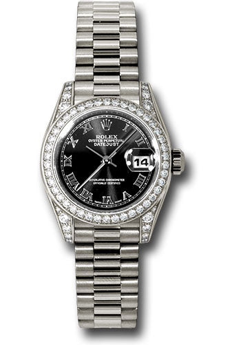 Rolex White Gold Lady-Datejust 26 Watch - 42 Diamond Bezel - Black Roman Dial - President Bracelet - 179159 bkrp
