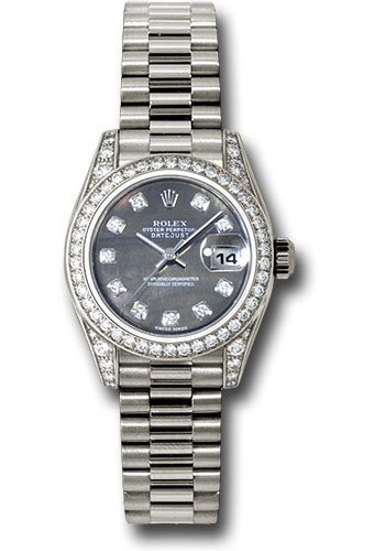 Rolex White Gold Lady-Datejust 26 Watch - 42 Diamond Bezel - Dark Mother-Of-Pearl Diamond Dial - President Bracelet - 179159 dkmdp