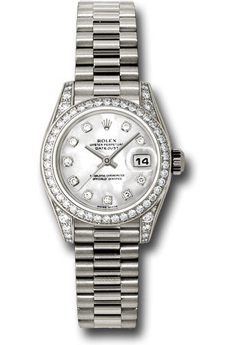 Rolex White Gold Lady-Datejust 26 Watch - 42 Diamond Bezel - Mother-Of-Pearl Diamond Dial - President Bracelet - 179159 mdp