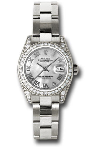 Rolex White Gold Lady-Datejust 26 Watch - 42 Diamond Bezel - Dark Mother-Of-Pearl Roman Dial - Oyster Bracelet - 179159 mro