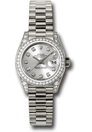 Rolex White Gold Lady-Datejust 26 Watch - 42 Diamond Bezel - Silver Diamond Dial - President Bracelet - 179159 sdp
