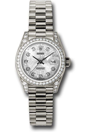Rolex White Gold Lady-Datejust 26 Watch - 42 Diamond Bezel - Silver Jubilee Diamond Dial - President Bracelet - 179159 sjdp