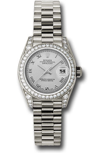 Rolex White Gold Lady-Datejust 26 Watch - 42 Diamond Bezel - Silver Roman Dial - President Bracelet - 179159 srp