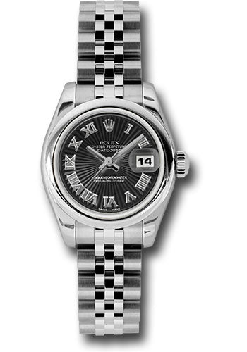 Rolex Steel Lady-Datejust 26 Watch - Domed Bezel - Black Sunbeam Roman Dial - Jubilee Bracelet - 179160 bksbrj